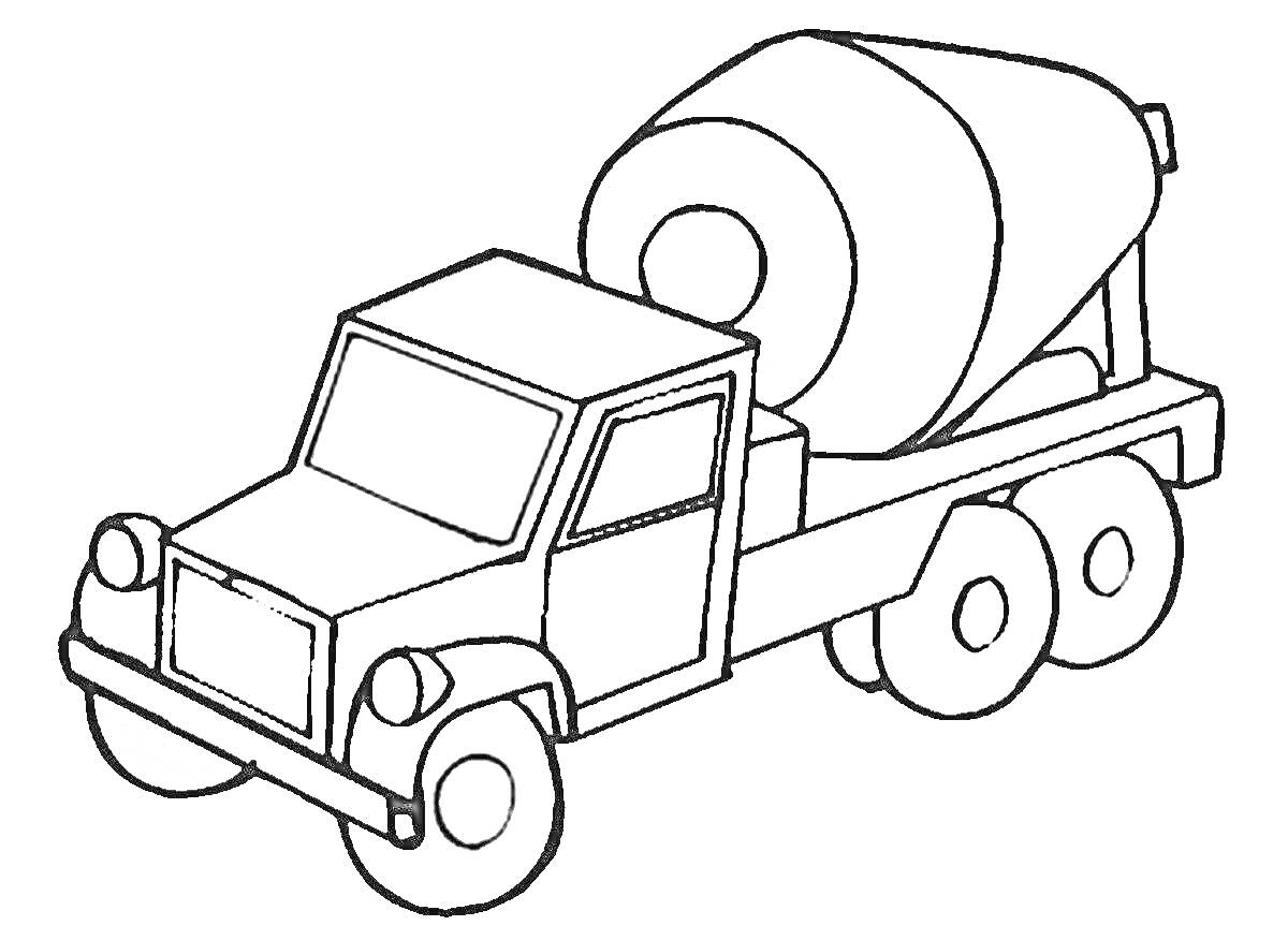 Раскраска Бетономешалка на колёсах с вращающимся барабаном для приготовления бетонной смеси.