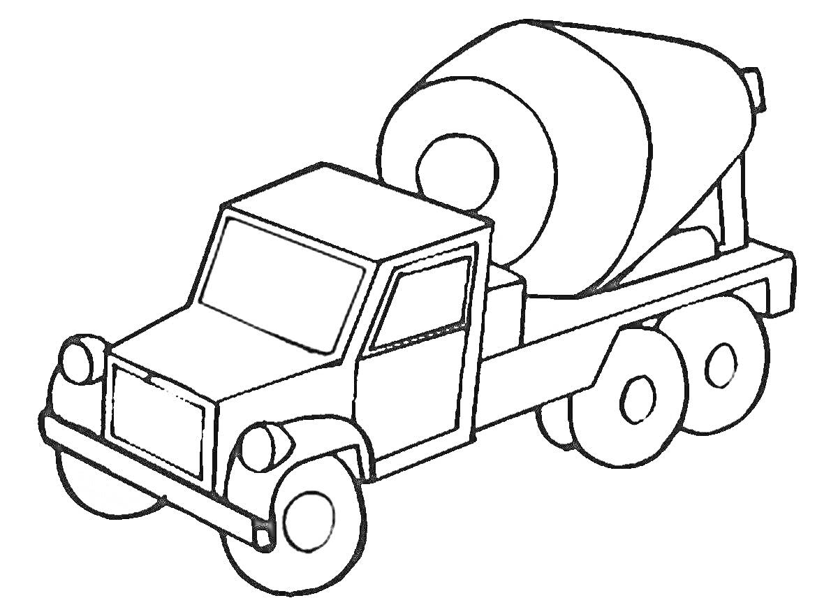 На раскраске изображено: Бетономешалка, Строительная техника, Транспорт, Колеса, Барабан, Строительство, Для детей, Грузовая машина, Авто