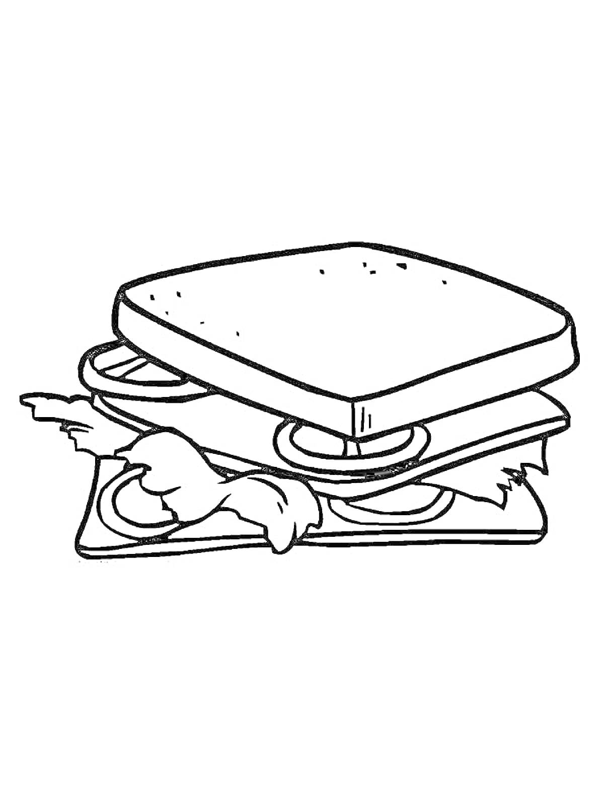 На раскраске изображено: Бутерброд, Еда, Хлеб, Салат, Мясо, Сыр, Овощи