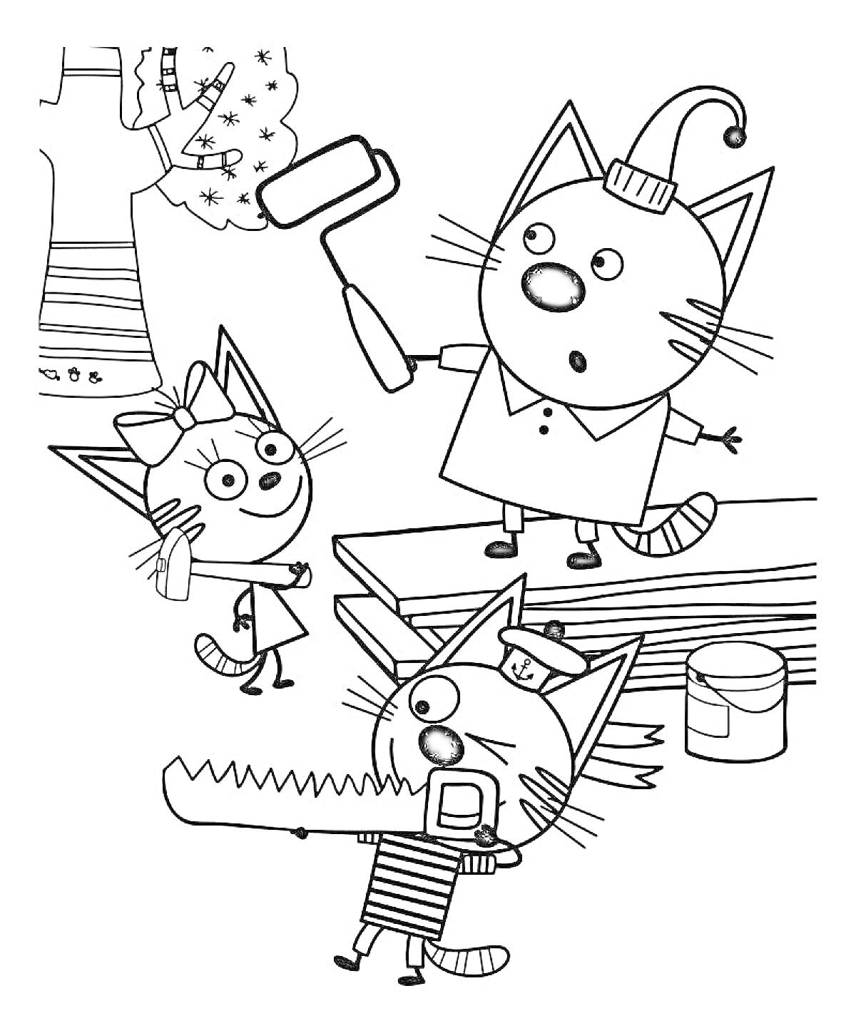 Раскраска Коты ремонтируют дерево: два кота с валиком и пилой, котёнок, дерево с кисточкой, банка с краской