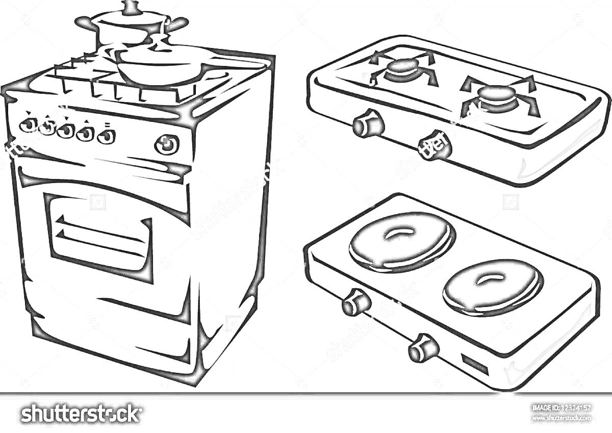 Раскраска Плита с духовкой, газовая конфорка, электрическая плита