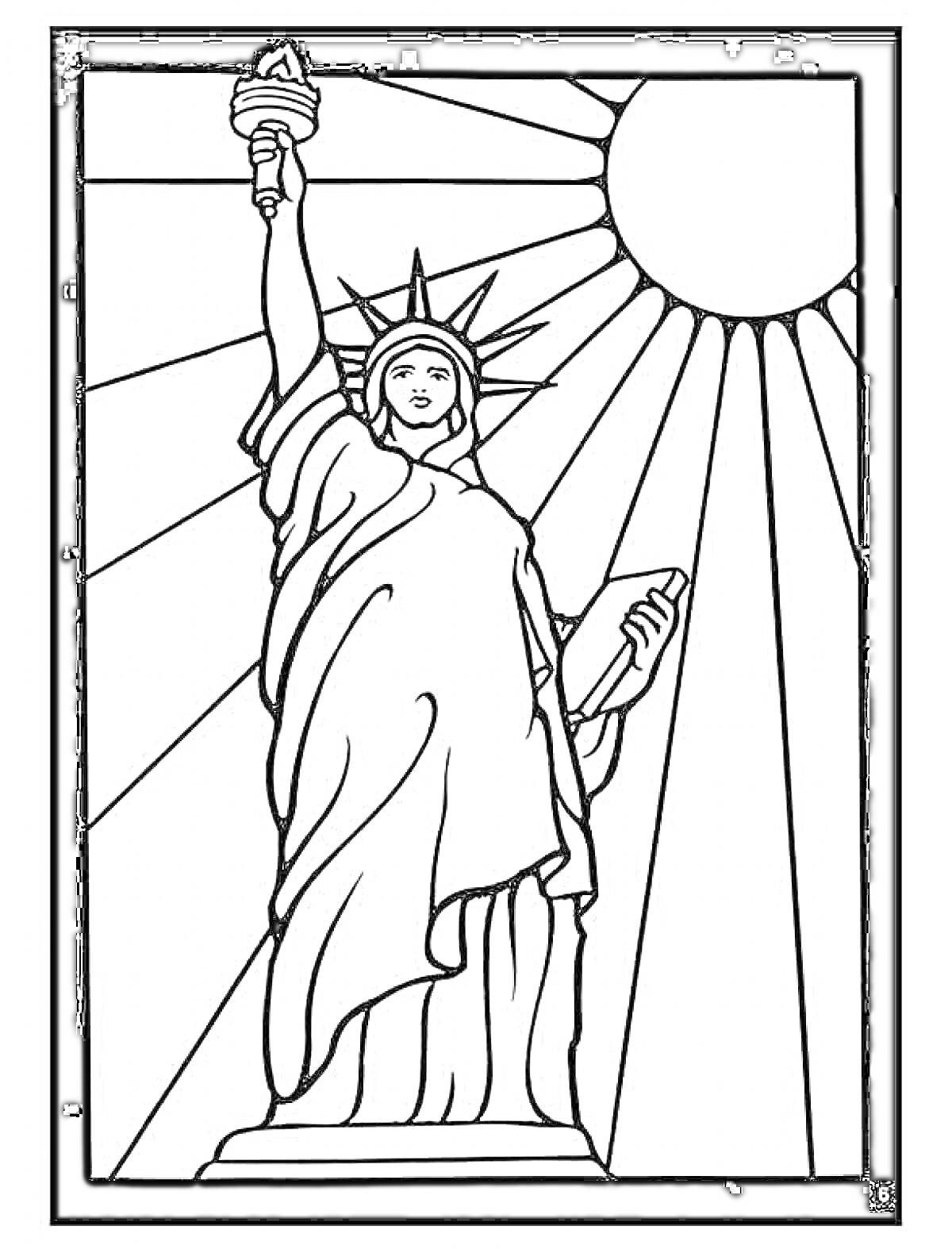 На раскраске изображено: Статуя Свободы, Солнце, Монумент, Патриотизм, Нью-Йорк, США