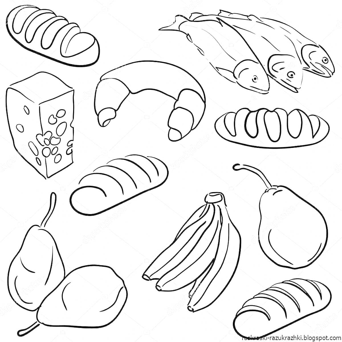 На раскраске изображено: Рыба, Сыр, Круассаны, Хлеб, Багет, Батон, Продукты, Еда, Для детей
