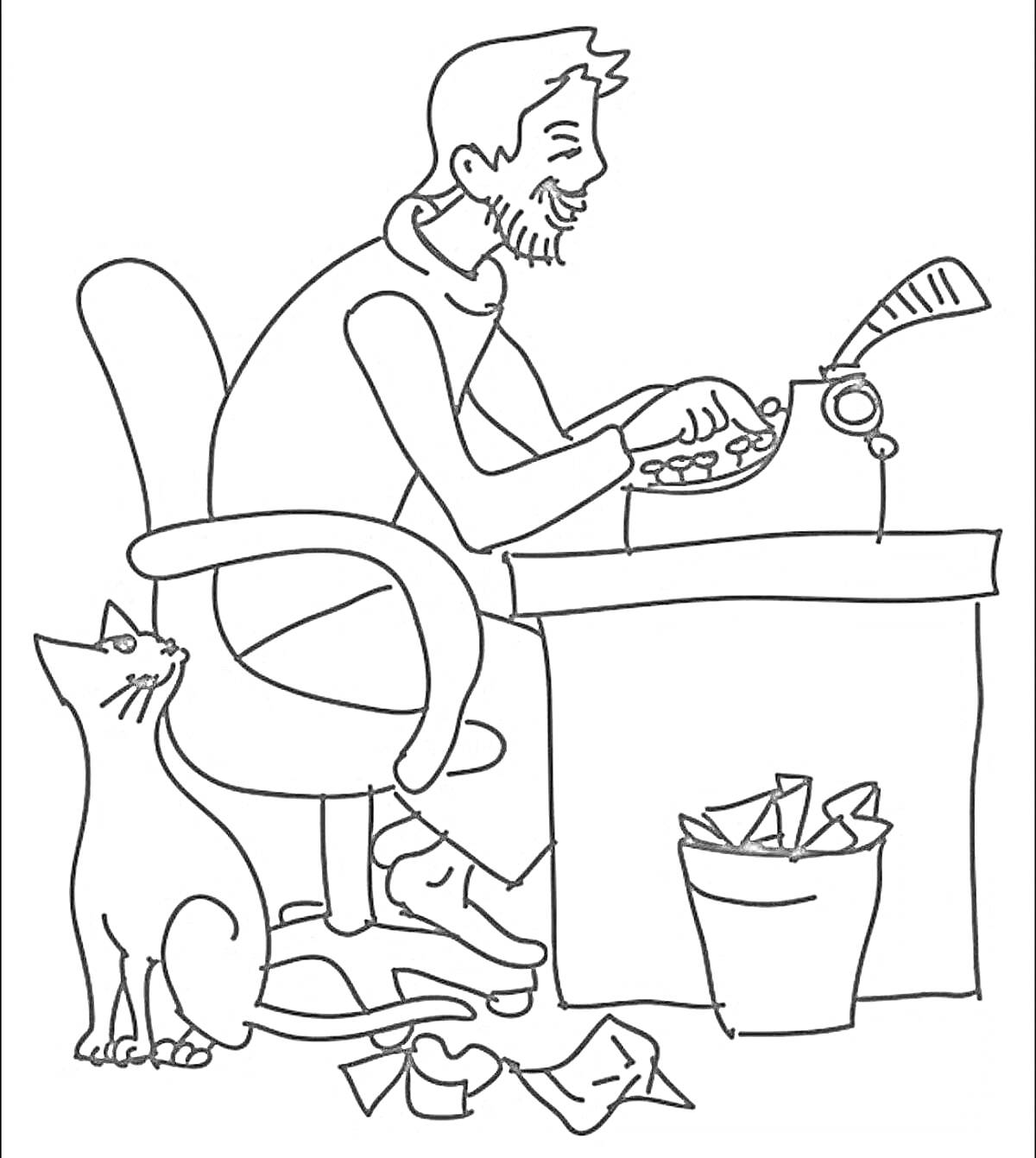 На раскраске изображено: Кот, Письменный стол, Кресло