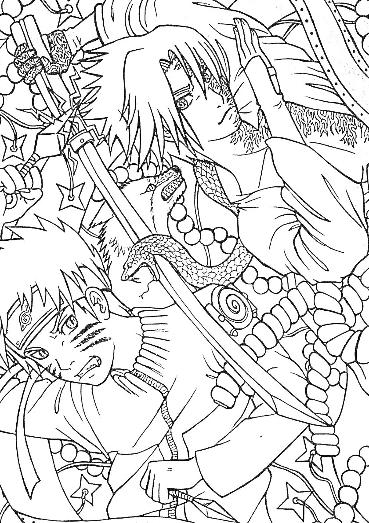 Раскраска Двое персонажей из аниме, обрамлённые бусинами и змеями, меч, сумки
