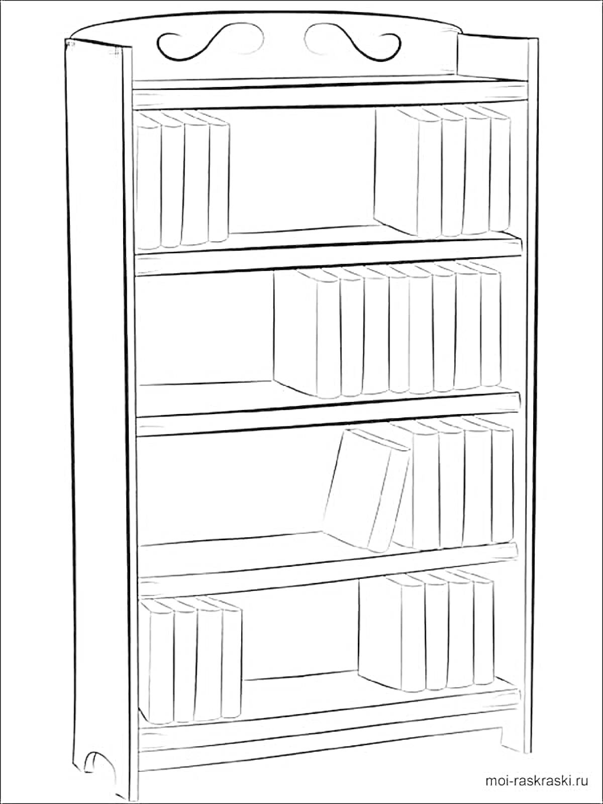 На раскраске изображено: Книжный шкаф, Полки, Мебель, Библиотека, Книга, Стеллажи