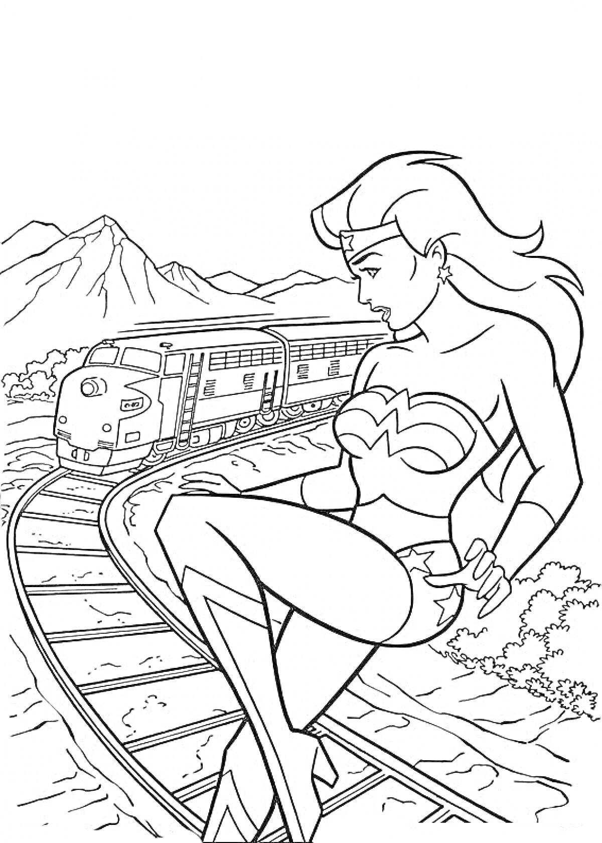 На раскраске изображено: Поезд, Железнодорожные пути, Горы, Деревья, Чудо-женщина, Супергерои