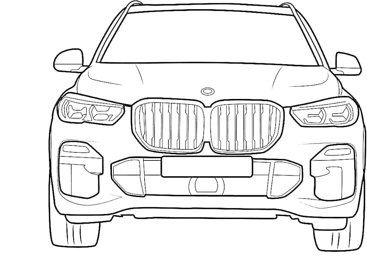 Раскраска Вид спереди автомобиля BMW X5, детали кузова, фары, решетка радиатора, зеркала заднего вида