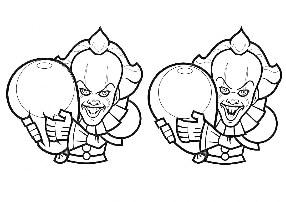 На раскраске изображено: Пеннивайз, Клоун, Воздушный шар, Страшный