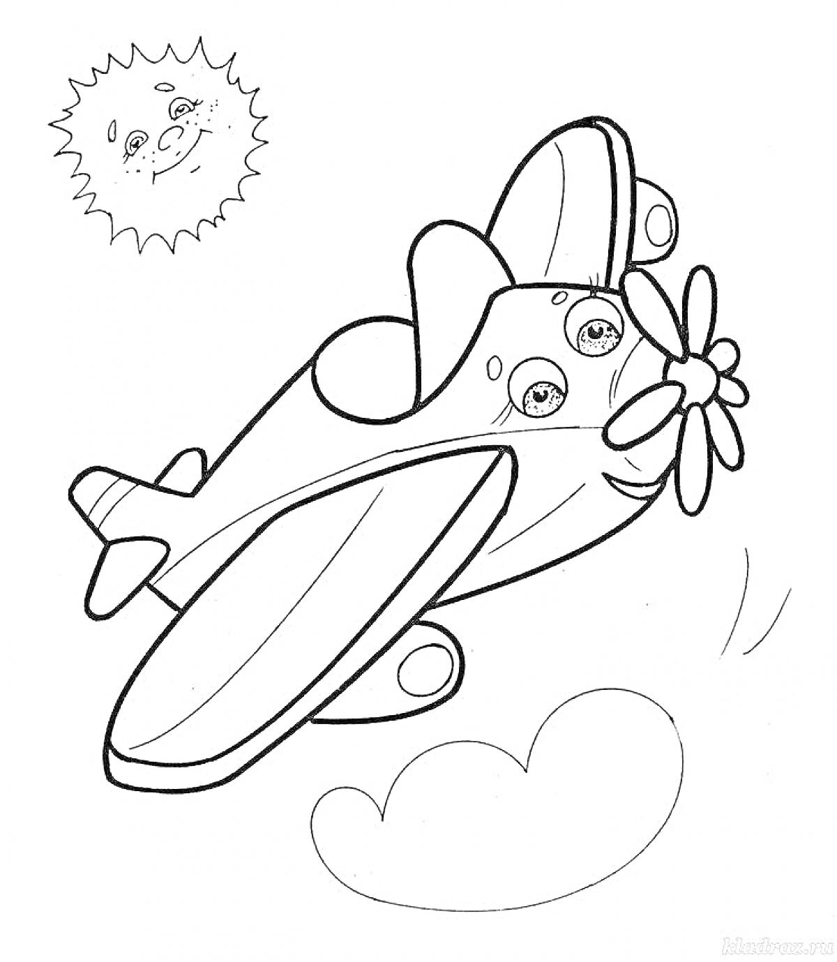 На раскраске изображено: Солнце, Для детей, 3-4 года, Небо, Облака, Пропеллеры, Самолеты