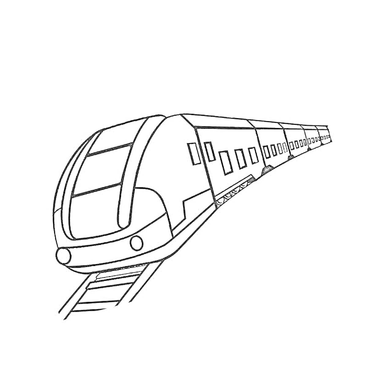 На раскраске изображено: Метро, Вагоны, Железнодорожные пути, Транспорт
