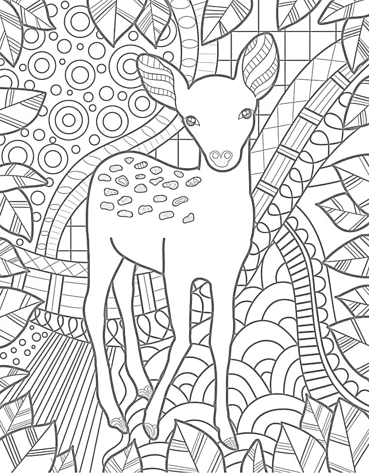 Раскраска Олень среди зендудл узоров с листьями, кругами, волнами и решеткой