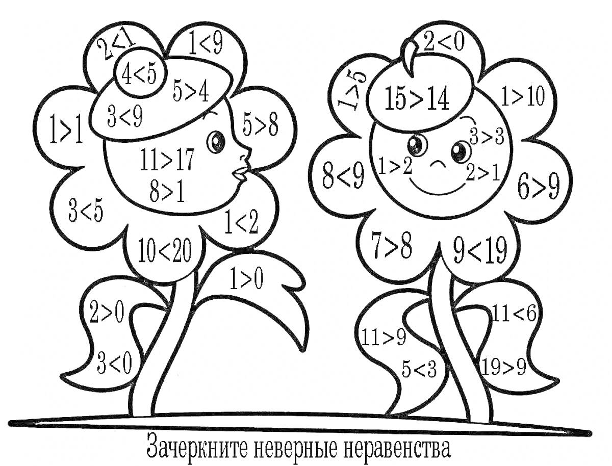 Раскраска Две цветочные головы с математическими неравенствами на лепестках, одна голова с удивленным лицом, другая с улыбающимся лицом.