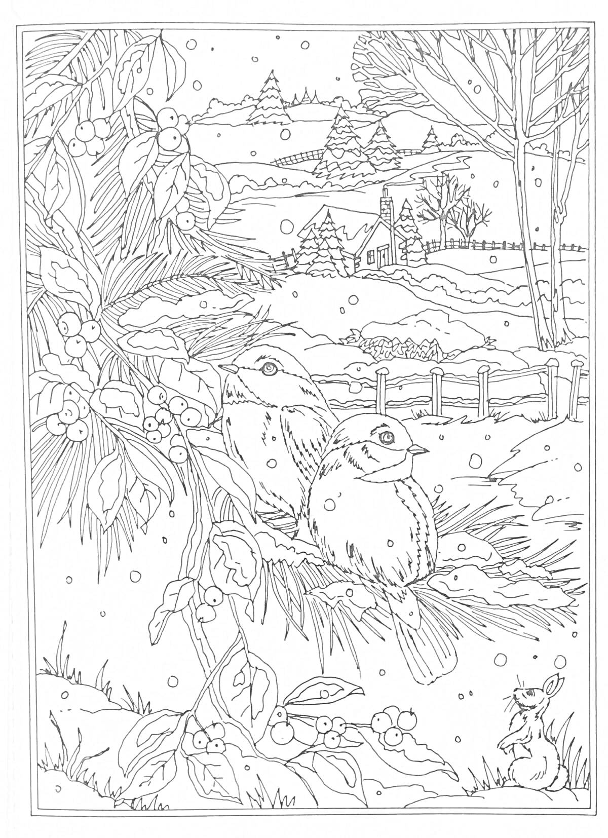 Раскраска зимний пейзаж с птицами, ягодами, домами и кроликом на снегу