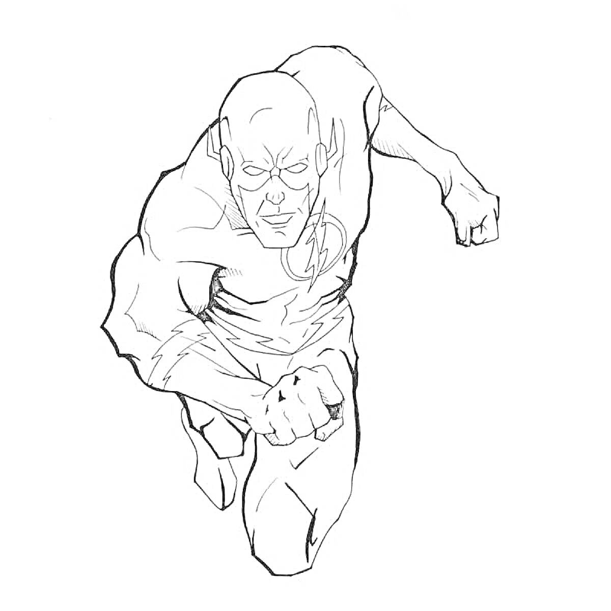 Раскраска Супергерой в костюме с молнией, бегущий вперед с поднятым кулаком.