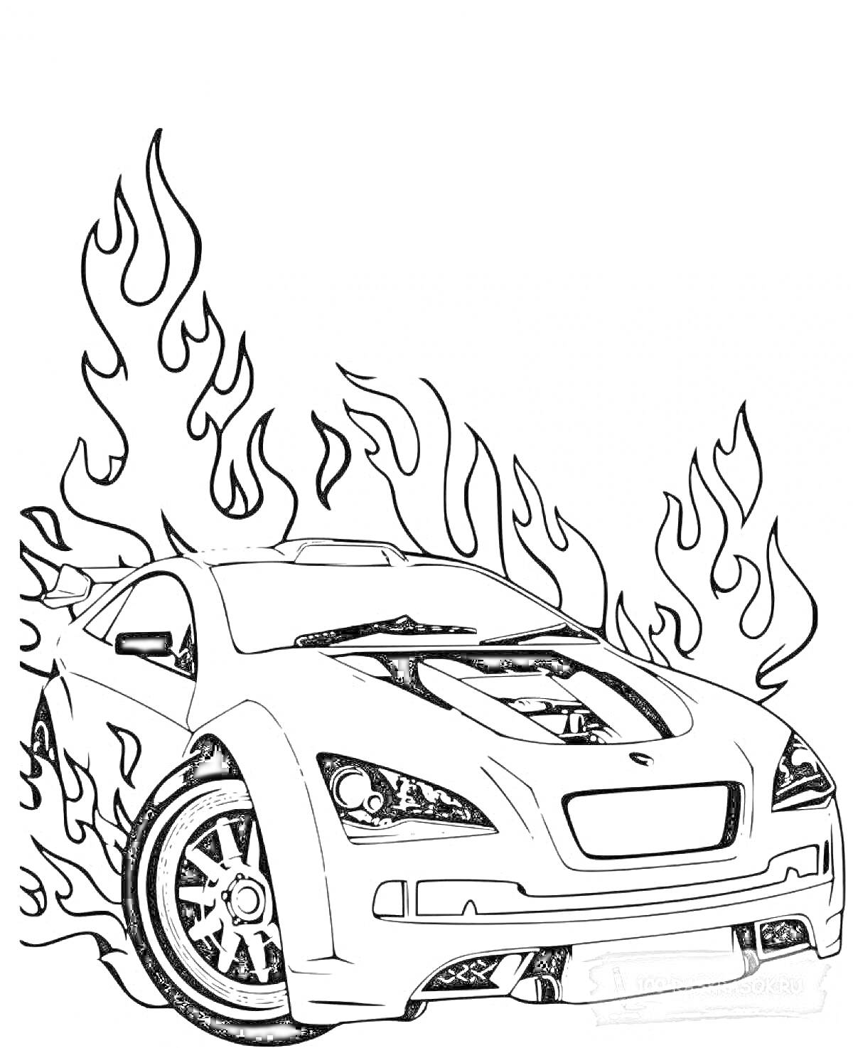 Раскраска Спортивная машина с огненными узорами