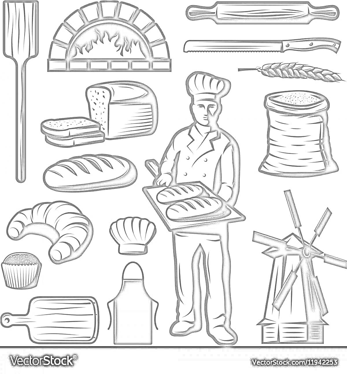 На раскраске изображено: Пекарь, Хлеб, Тесто, Багет, Булочка, Каравай, Мука, Мельница, Скалка, Кухонный фартук