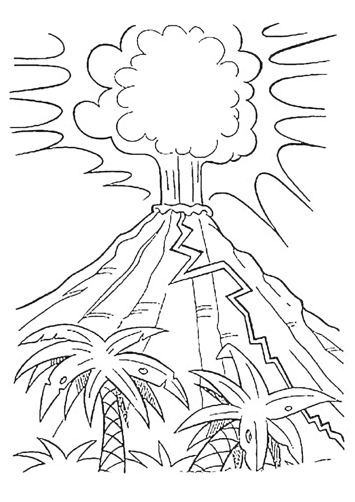 На раскраске изображено: Вулкан, Извержение, Дым, Трещины, Пальмы, Природа, Пейзаж