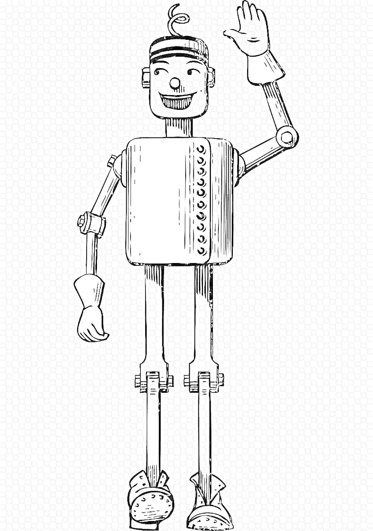 РаскраскаРобот с поднятой рукой, в шапке с антеннами, с механическими руками и ногами, обувь как ботинки, усмехающийся