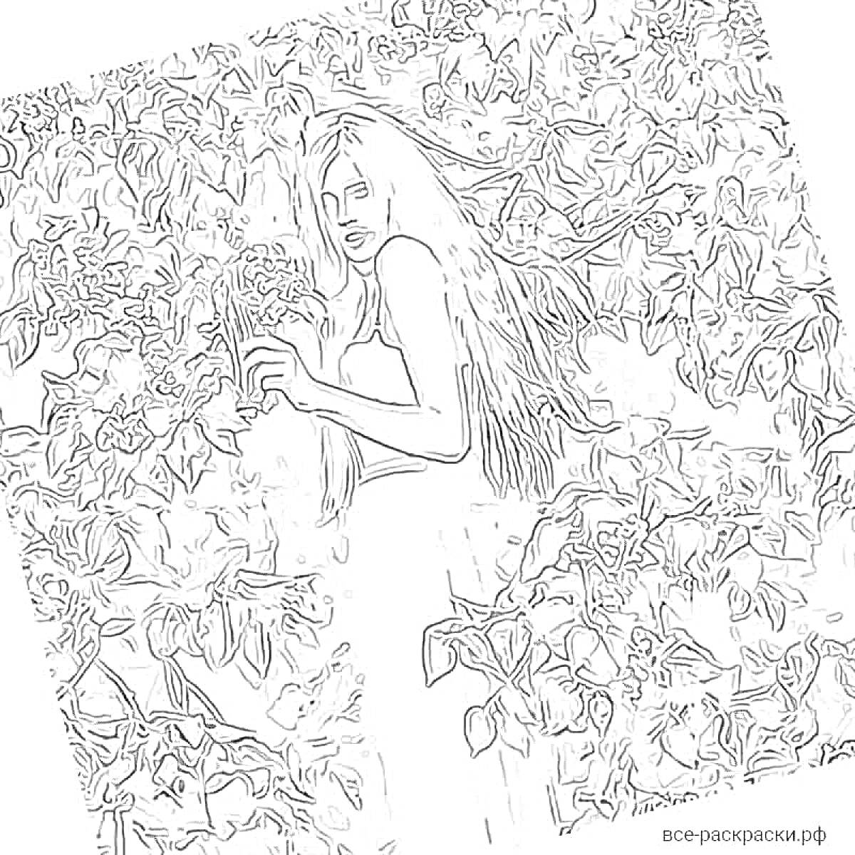Раскраска Девушка с длинными волосами среди цветущих деревьев