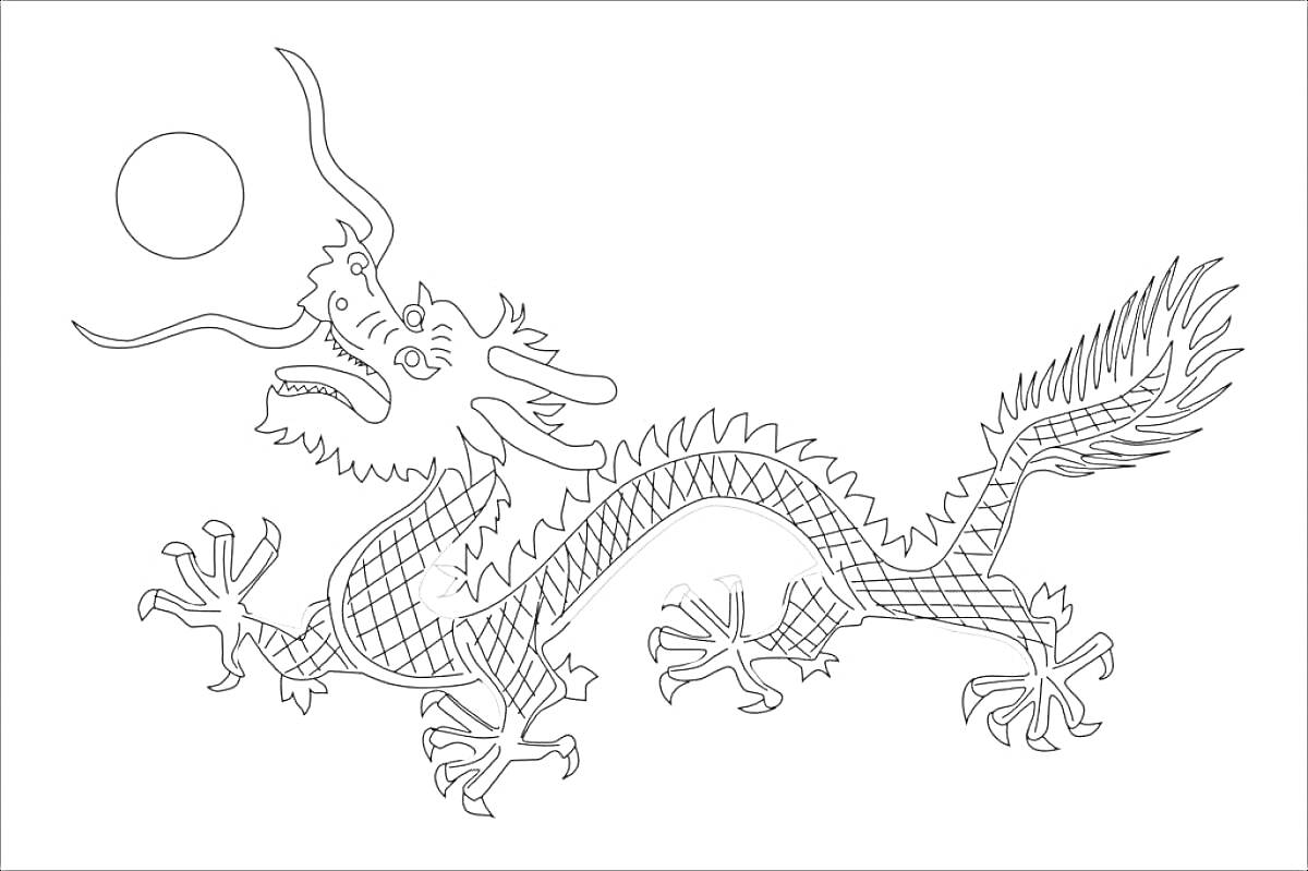 На раскраске изображено: Китай, Дракон, Солнце, Азиатская культура, Цветочный узор, Чешуя, Искусство, Мифические существа