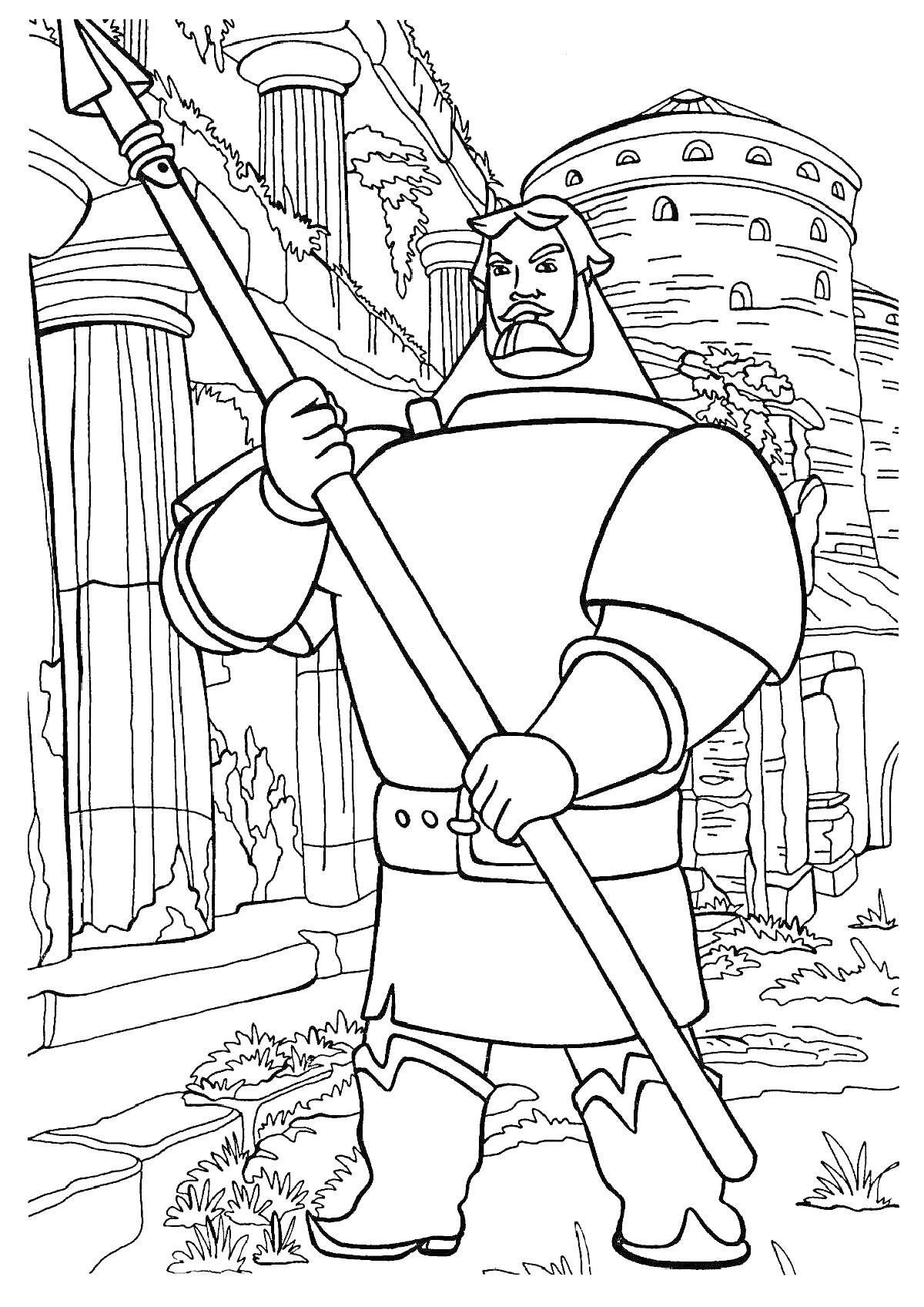 Раскраска Богатырь с копьем на фоне древнего города
