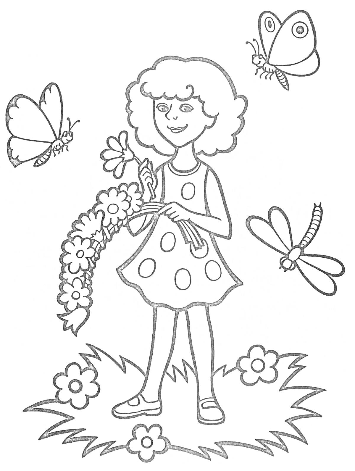 Раскраска Девочка с венком на лугу с цветами, бабочками и стрекозой