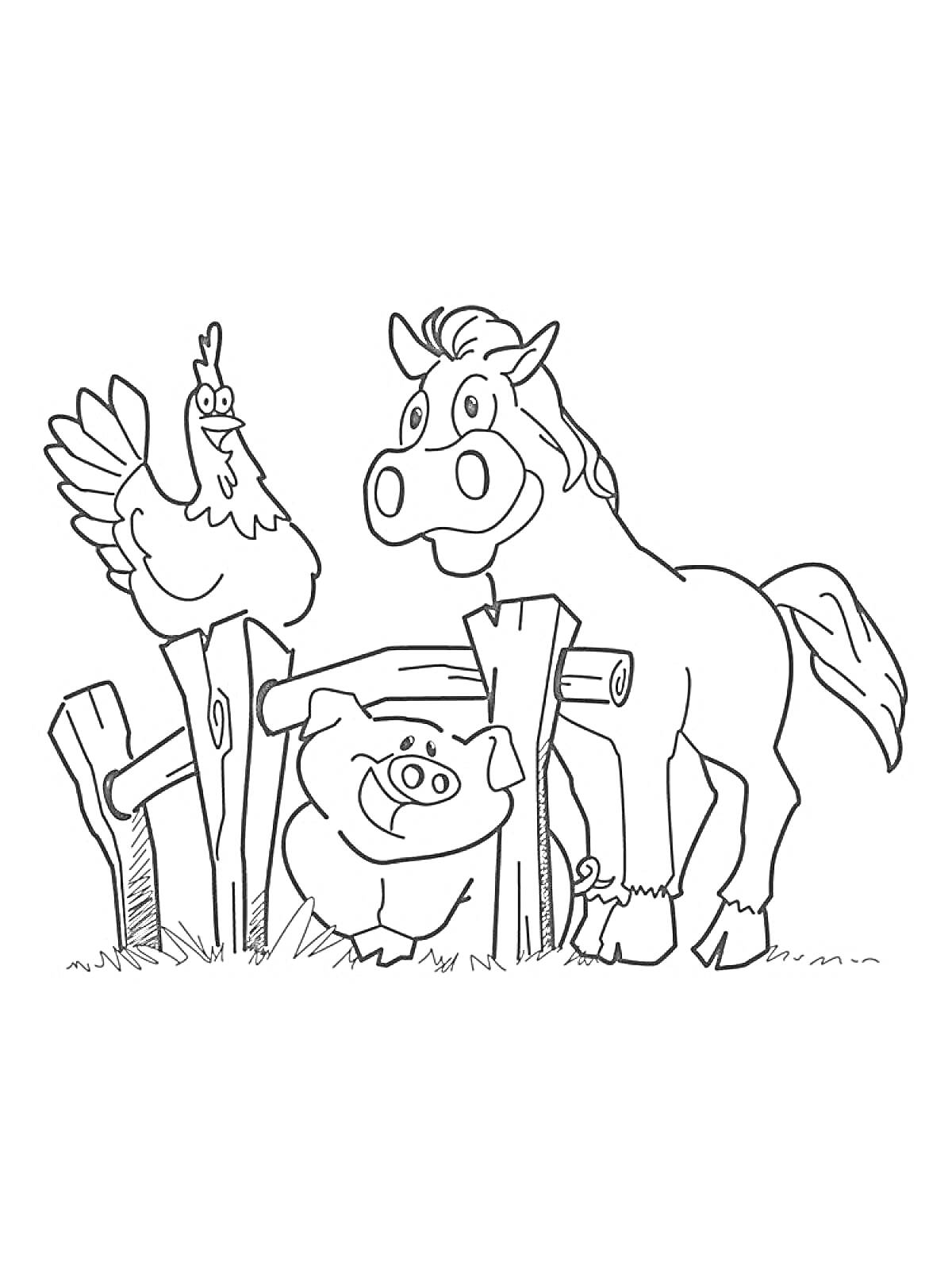 Курочка, лошадка и поросенок на ферме с забором