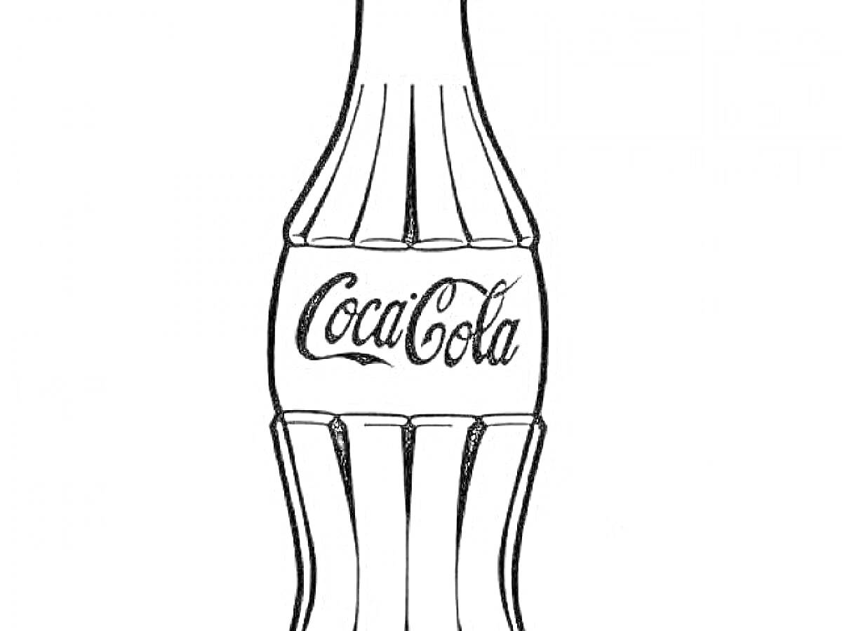 На раскраске изображено: Кока-кола, Бутылка, Напиток, Газировка, Контурные рисунки, Логотипы