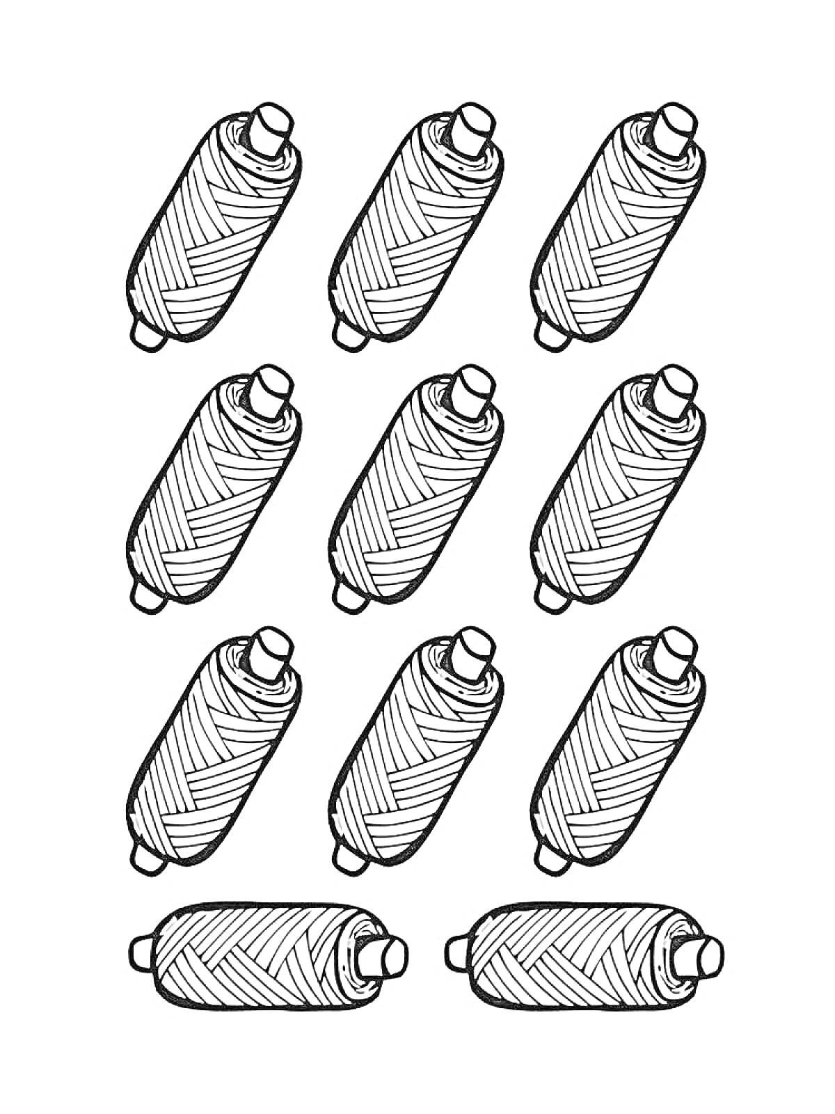 Раскраска катушки с нитками, девять вертикальных катушек ниток и две горизонтальные катушки ниток