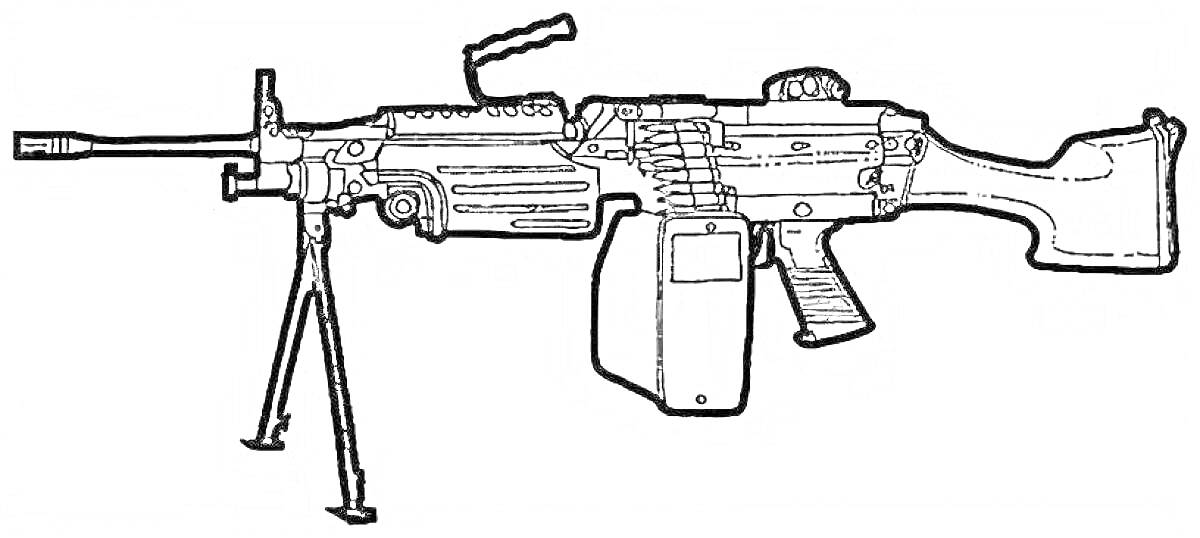 На раскраске изображено: Пулемет, Оружие, Сошка, Патроны, Рукоятка, Автомат, Стрельба