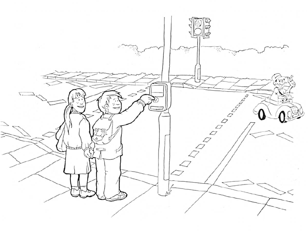 Раскраска Дети на перекрестке с пешеходным светофором и машиной