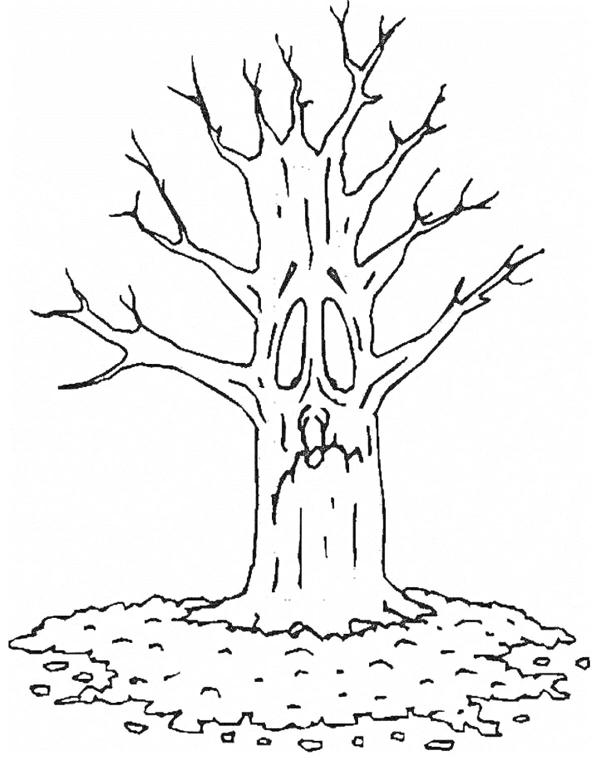 Раскраска Дерево без листьев с печальным лицом и опавшими листьями вокруг