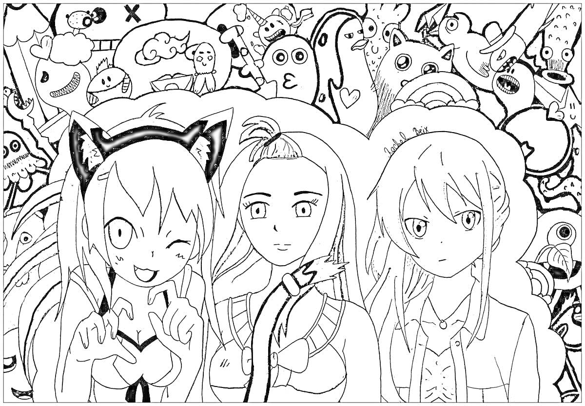 Раскраска Три аниме девушки на фоне сказочных существ