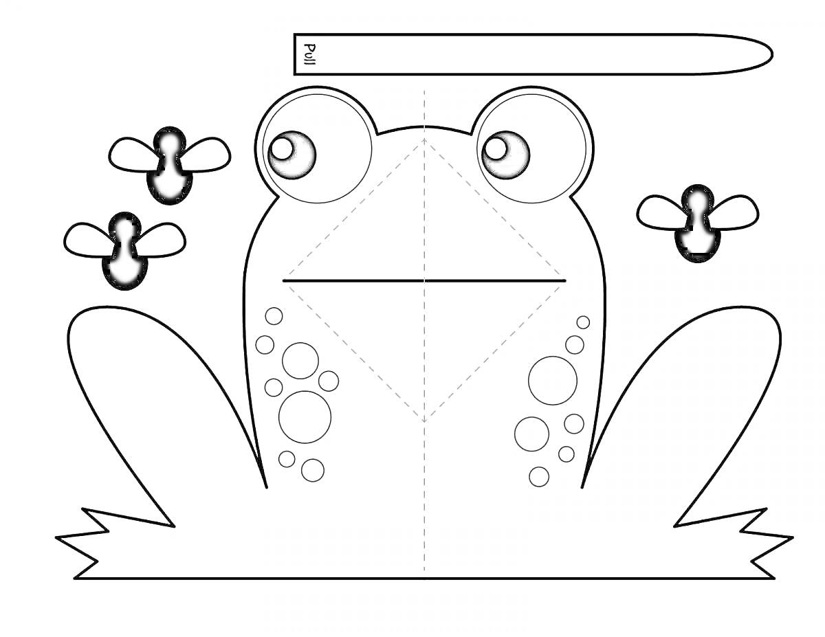 Раскраска Лягушка с мухами и полоской для поделки