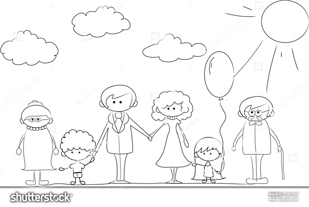 Раскраска Семья на прогулке: мама, папа, сын, дочь, бабушка и дедушка под солнцем и облаками