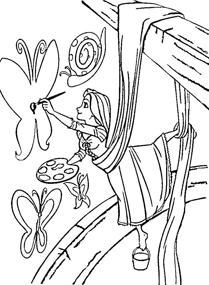 Раскраска Рапунцель рисует бабочек и улитку на стене, висит на своих длинных волосах, в руках палитра и кисть