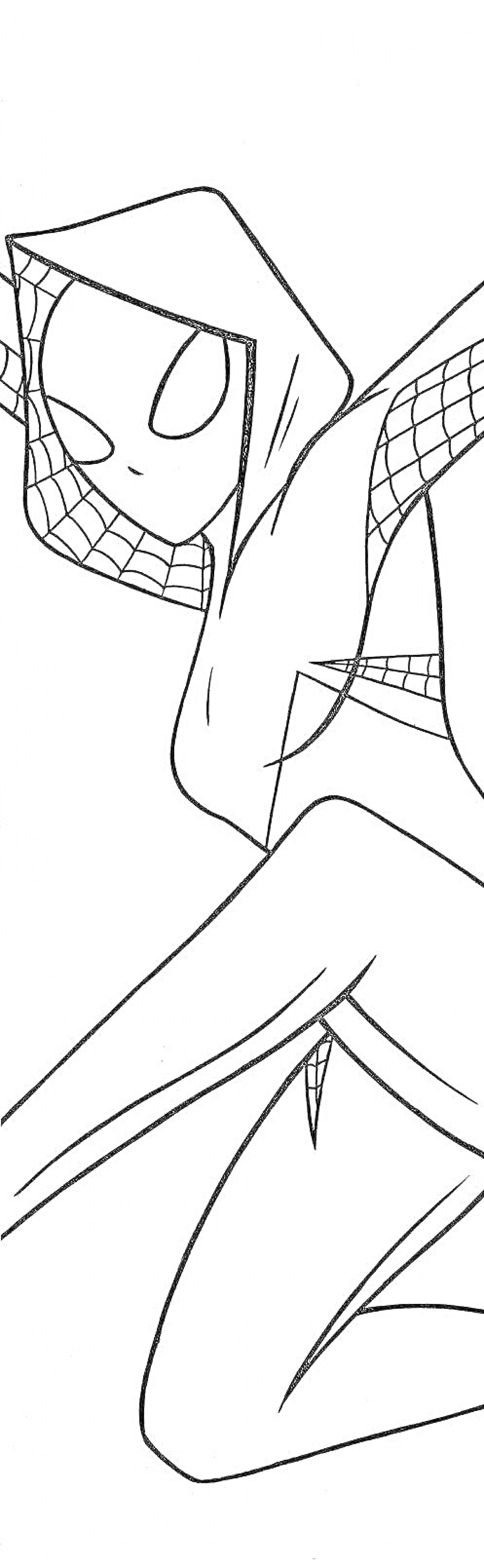 Раскраска Гвен Паук в маске с паутиной, в прыжке