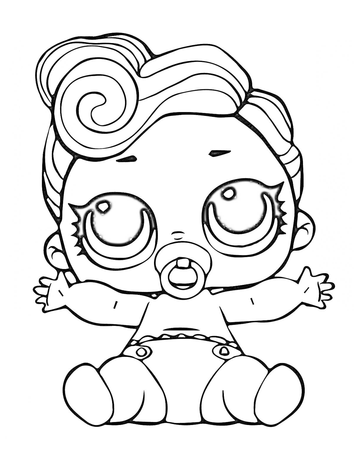 Раскраска Куколка LOL с большими глазами, соской и завитыми волосами, сидящая с раскинутыми руками