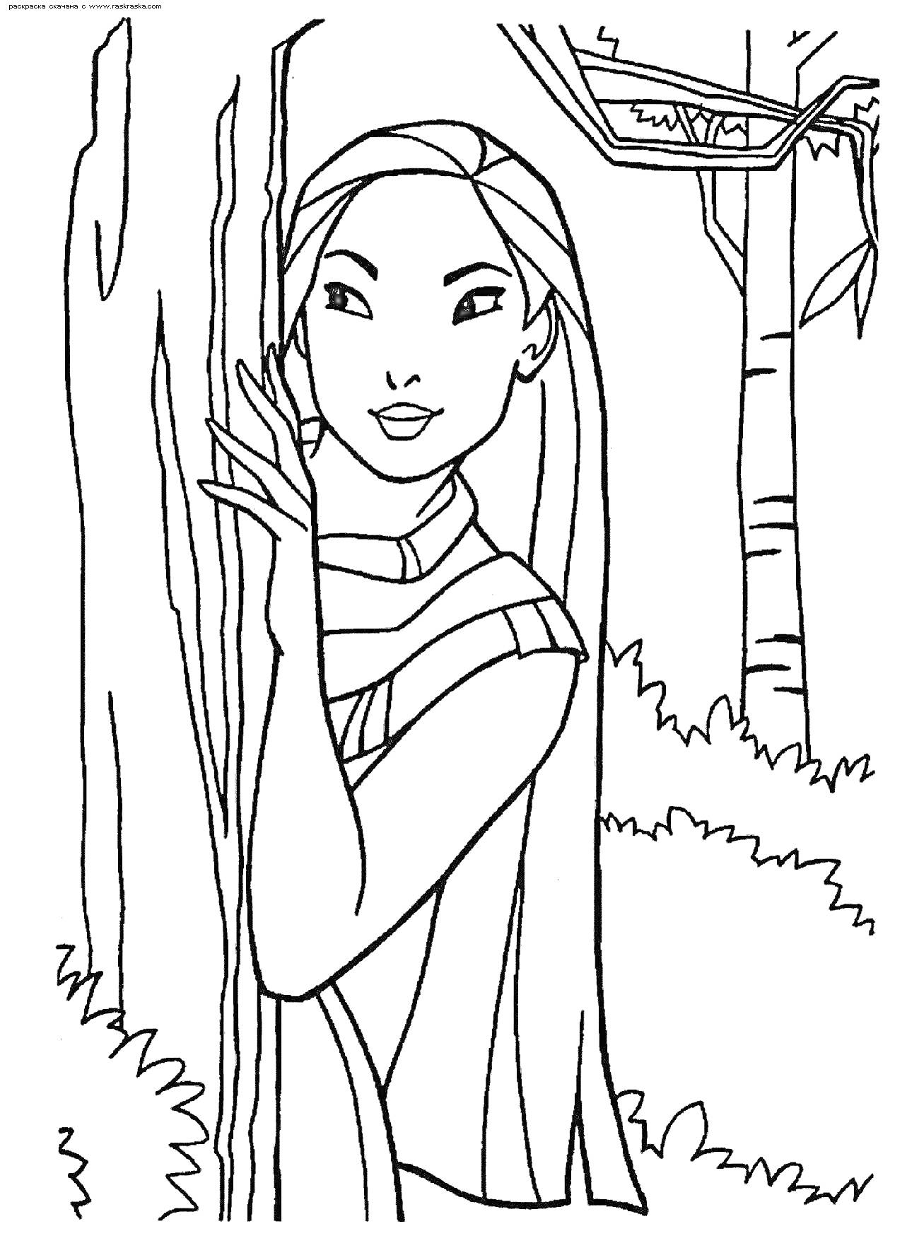 Раскраска Покахонтас возле дерева, лесной пейзаж
