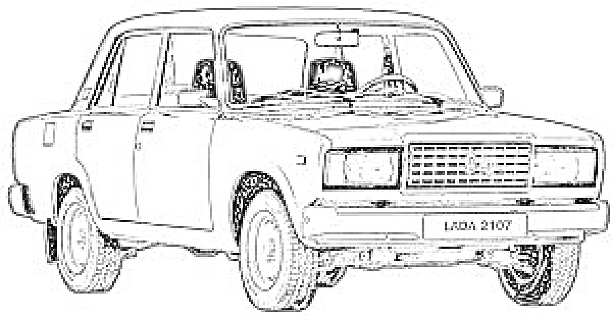 Раскраска Машина семерка LADA 2107, 4-дверная, вид спереди, с открытыми стеклами передних дверей, четыре колеса, передние фары квадратной формы, решетка радиатора, бампер, лобовое стекло, зеркала заднего вида, дверные ручки.