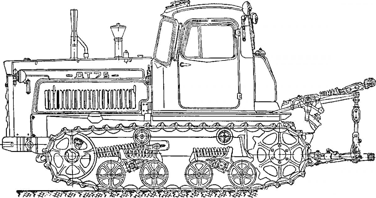 Раскраска Трактор гусеничный с кабинетом, гусеницами и навесным оборудованием