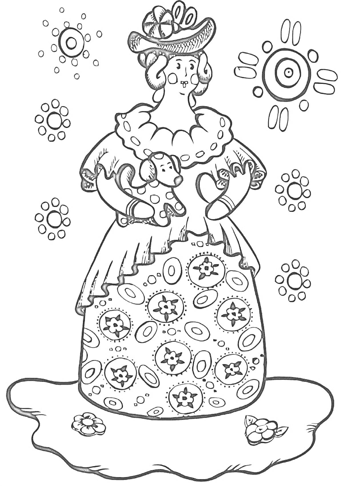 РаскраскаДымковская барышня с собачкой на покрывале с узорами и цветами, вокруг кружочки с узорами