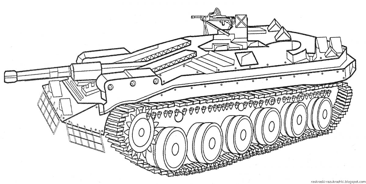 Раскраска Танк с пушкой, гусеницами и башней, крытая бронетехника со сложной системой ходовой части и выдвижным люком