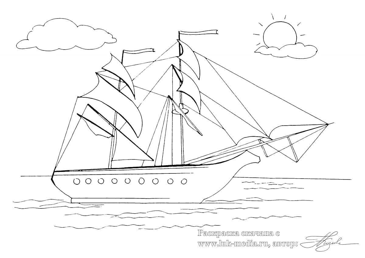 На раскраске изображено: Корабль, Паруса, Море, Облака, Солнце, Морское путешествие