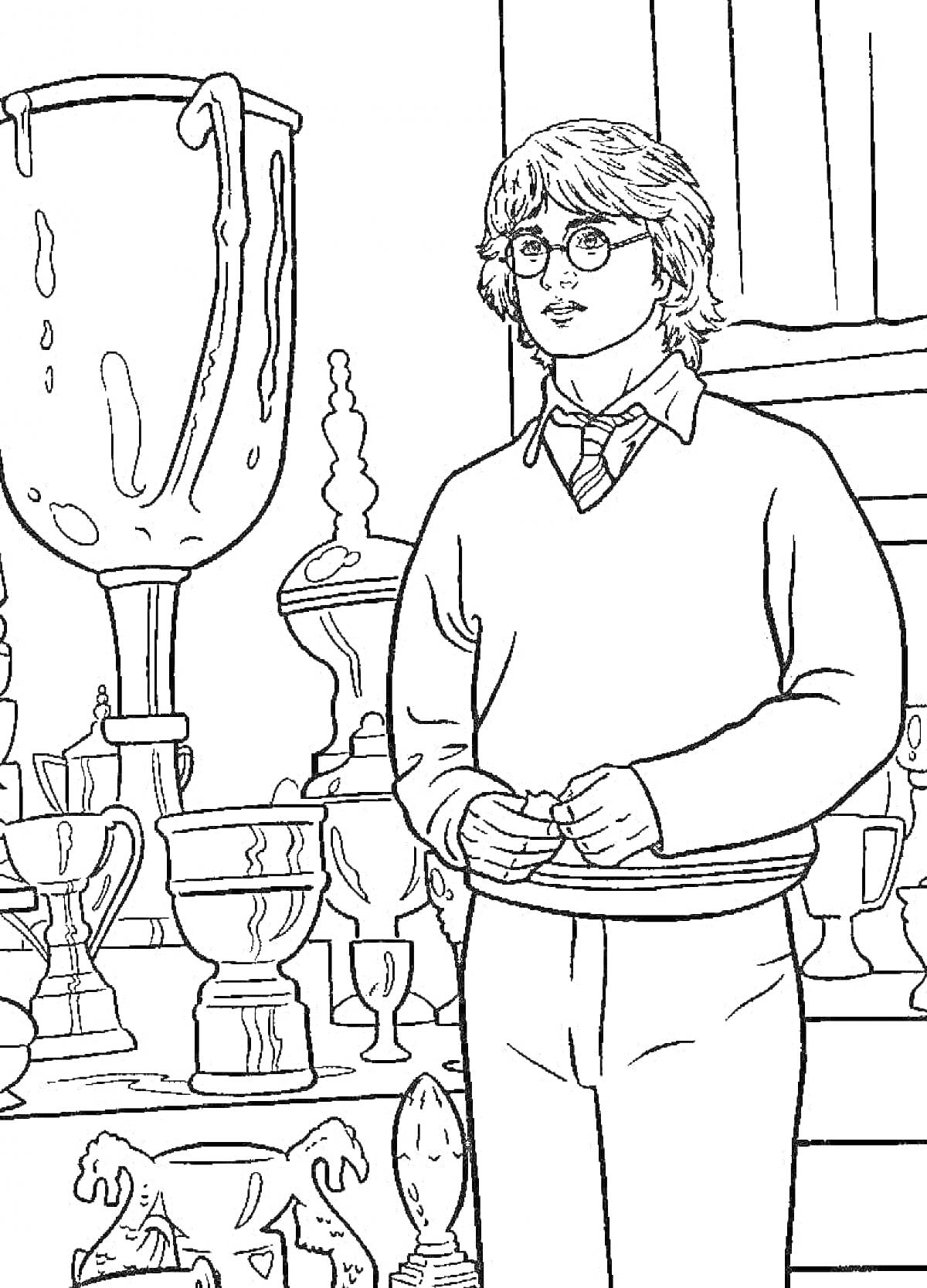 Раскраска Гарри Поттер в комнате с кубками и трофеями