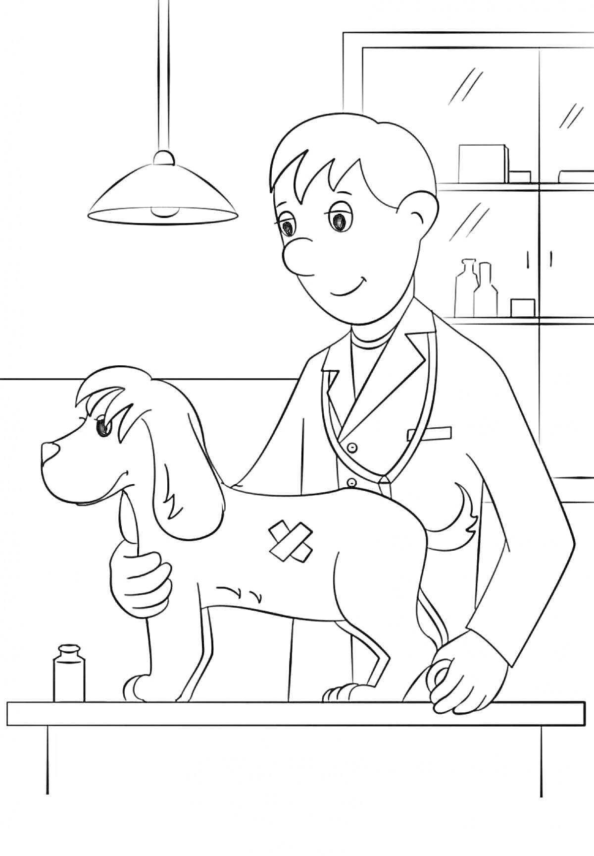 Раскраска Ветеринар лечит собаку на приеме, наклеенная повязка на собаке, лампа, шкаф с медикаментами, стол для осмотра, флакон с лекарством
