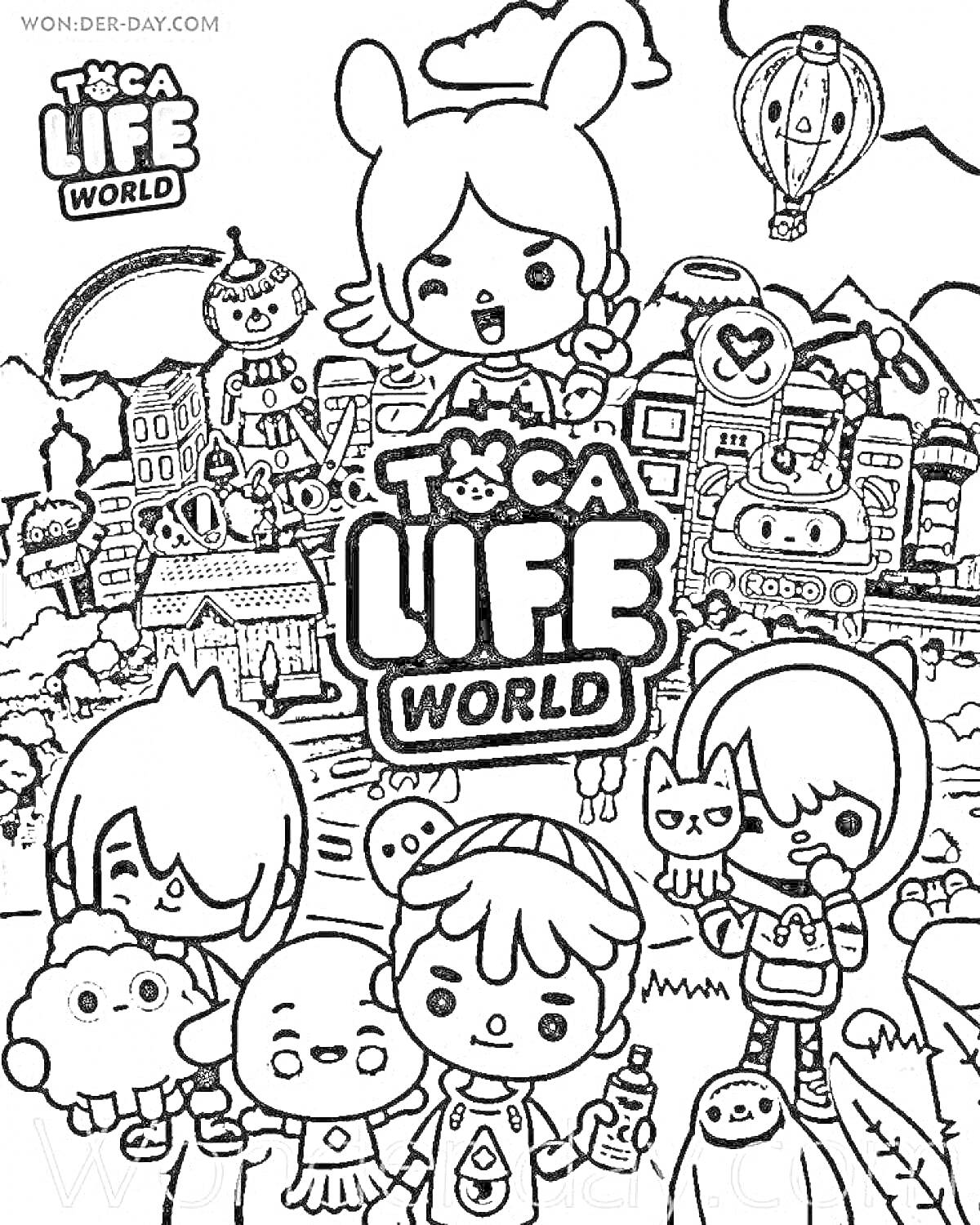 РаскраскаПерсонажи из игры Toca Life World на фоне их мира, включая дома, воздушный шар и различные локации