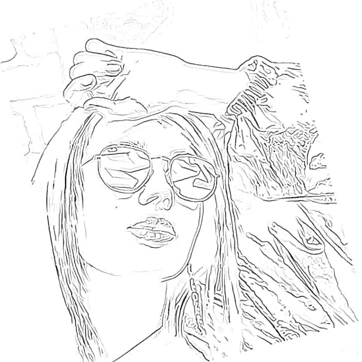 Раскраска девушка в солнечных очках, рука, волосы, картина с размытой рукой на фоне