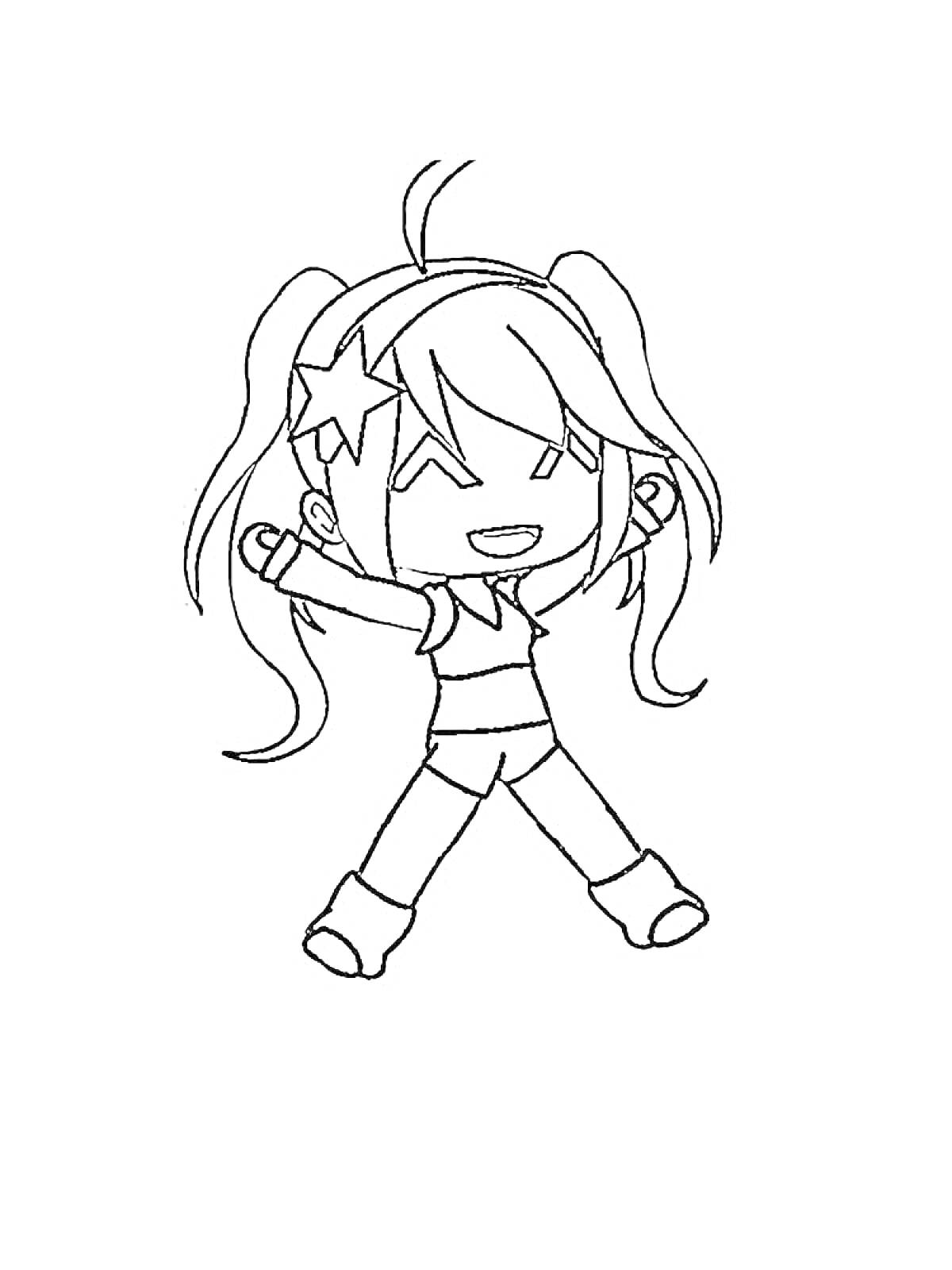 Раскраска Девочка в стиле Гача Лайф с двойными хвостиками и звездой в волосах